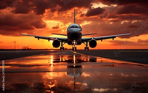 a plane on the runway during sunset © VSTOCK