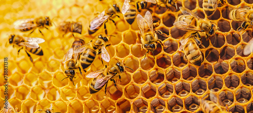Honey bees on honeycomb. Twelve bees in different orientations, engaging in tasks