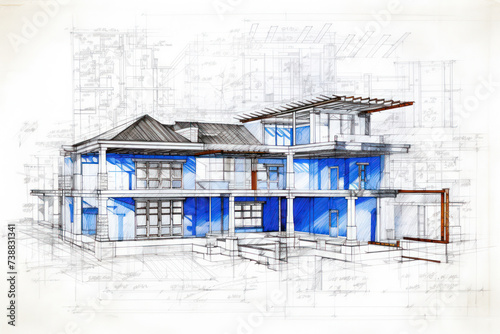 Architectural Sketch: Modern Residential Housing Project, Conceptual Drawing of a Contemporary Home Building in Perspective.