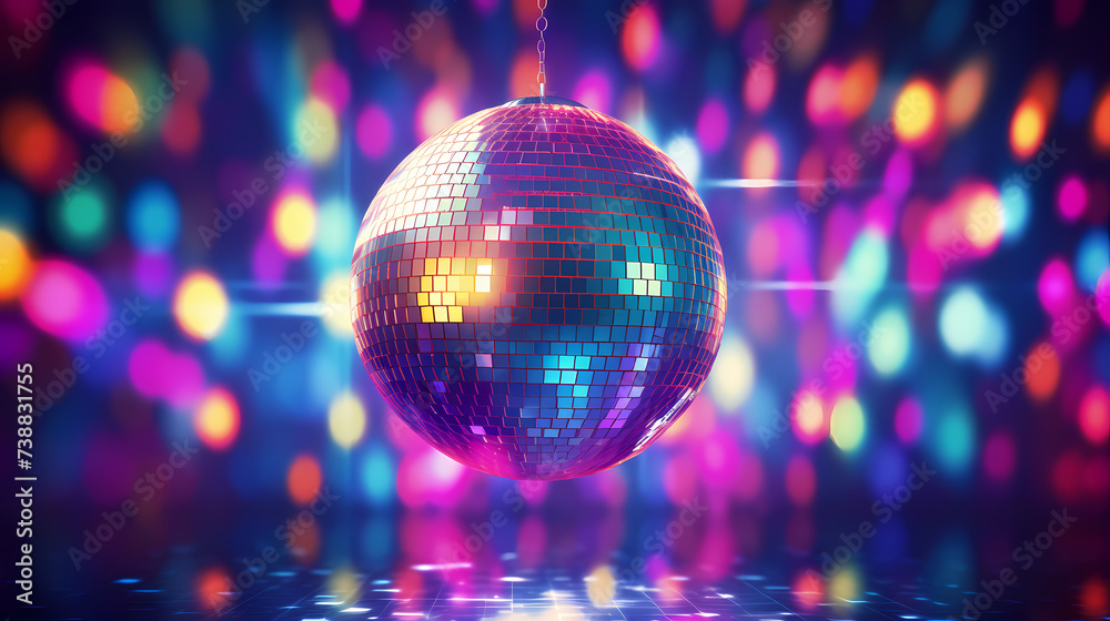 Obraz premium Disco ball illustration, disco ball with rainbow colored light reflections
