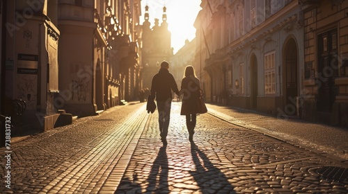 Back view of a young couple walking in street at sunrise with historic buildings in the city of Prague, Czech Republic in Europe.