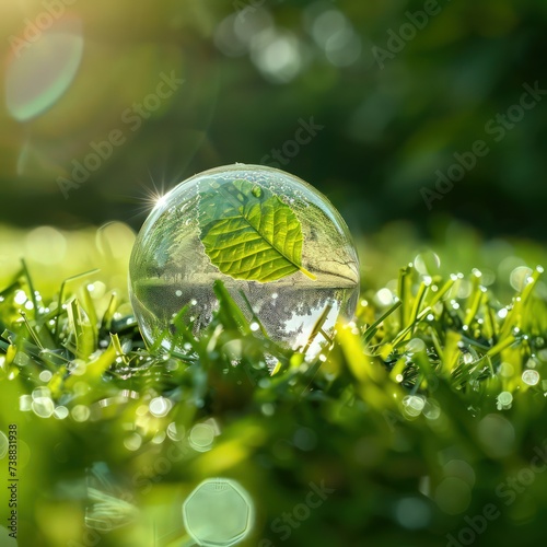 ball of water with the leaf on the grass, in the style of futuristic optics