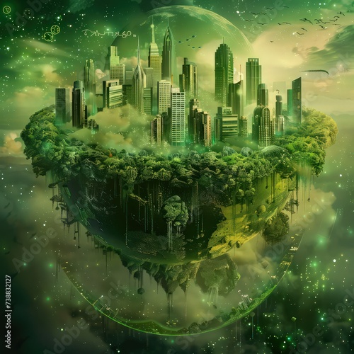 green city with buildings orbiting around the planet green concept concept art