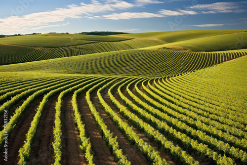 Rolling Hills of Moravia: A Serene Agricultural Landscape of Green Fields, Cute Curran Bushes, and Vibrant Plantations under the Clear Blue Sky. photo