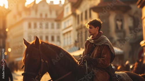 Lifestyle portrait of a handsome Medieval man in Prague city in Czech Republic in Europe.