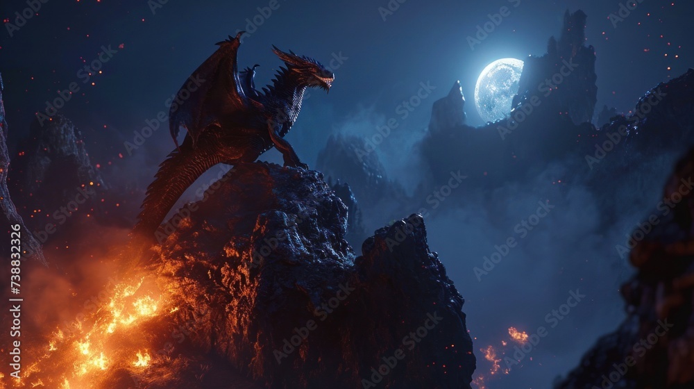 Angry evil dragon with red eyes and fire flames in moonlight. Angry evil dragon with red eyes and fire flames in moonlight.