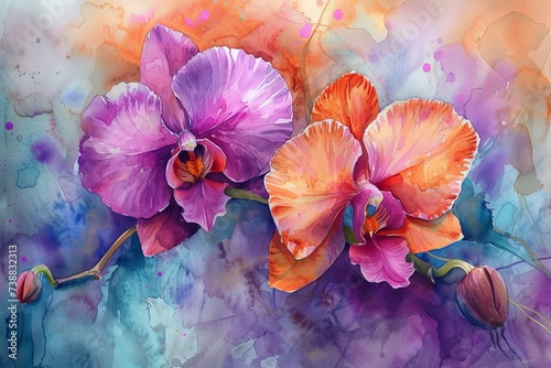 Two orchid flowers painted in watercolor on a palette, in the style of vibrant murals, high detailed, light magenta and light amber, colorful graffiti-like, luxurious wall hangings, azure and purple.