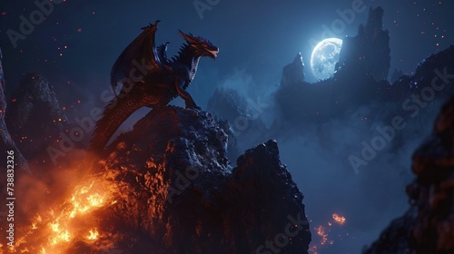 Angry evil dragon with red eyes and fire flames in moonlight.