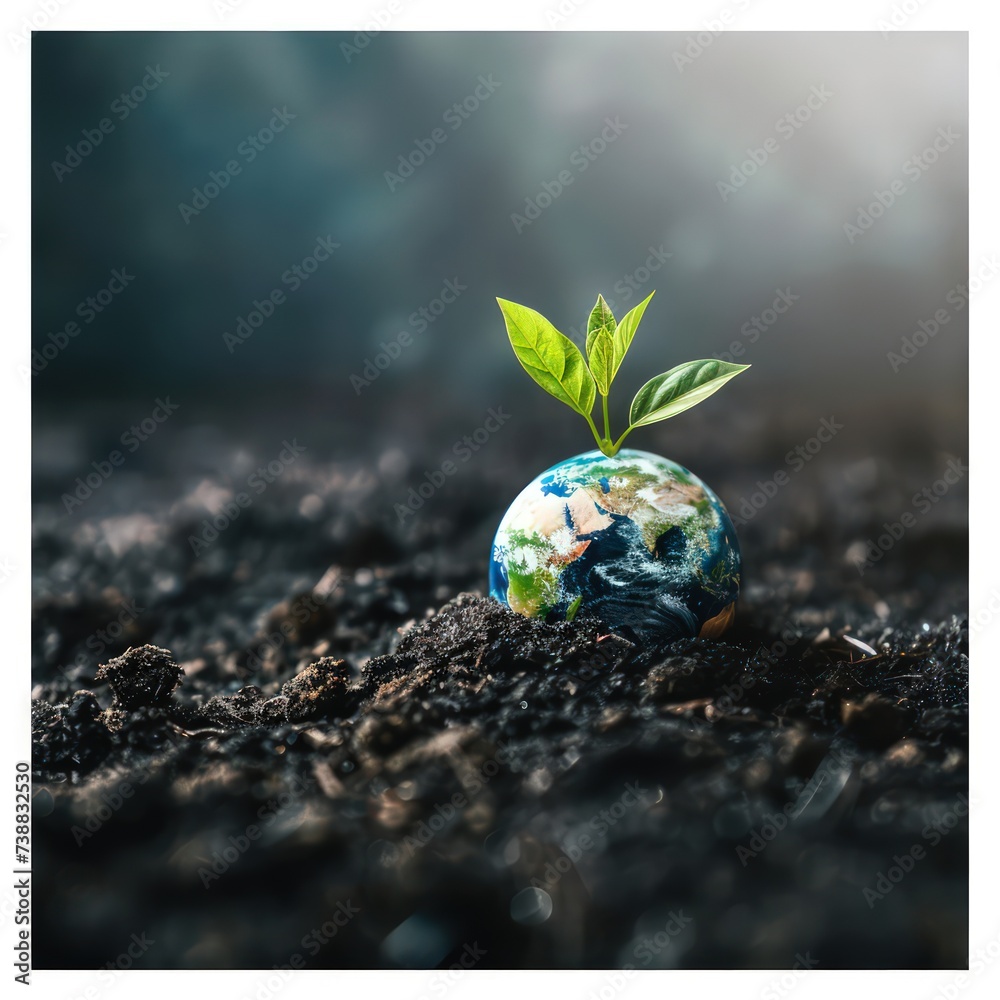 earth with a leaf growing out of it for environmental sustainability on the ground, in the style of light green and light black earth with a leaf growing out of it for environmental sustainability on the ground, in the style of light green and light black