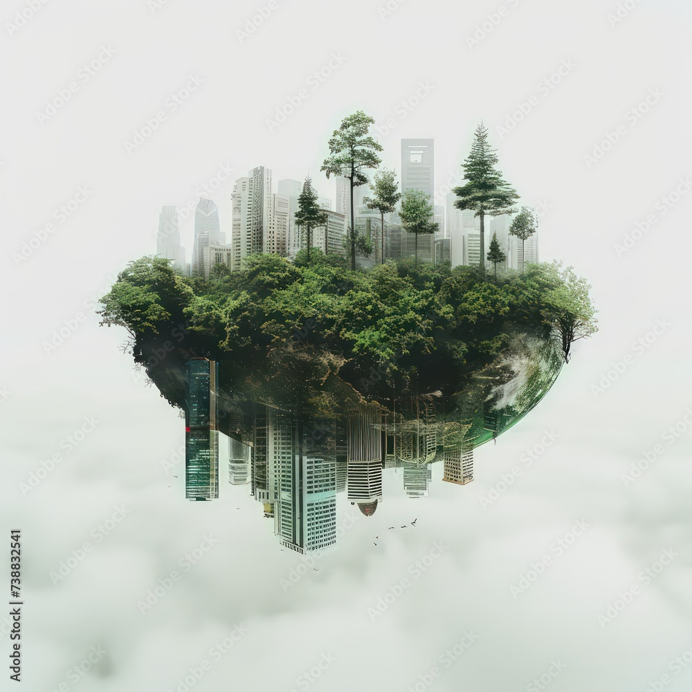  earth with trees and buildings on top, in the style of innovative, serene mood, clear edge definition