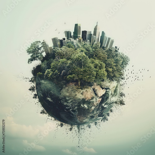  earth with trees and buildings on top  in the style of innovative  serene mood  white background