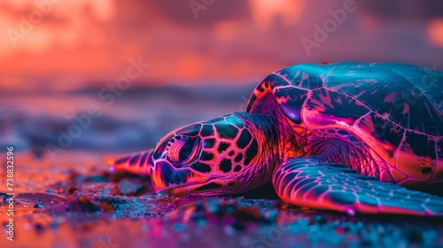 Neon turtle resting on a neon painted beach