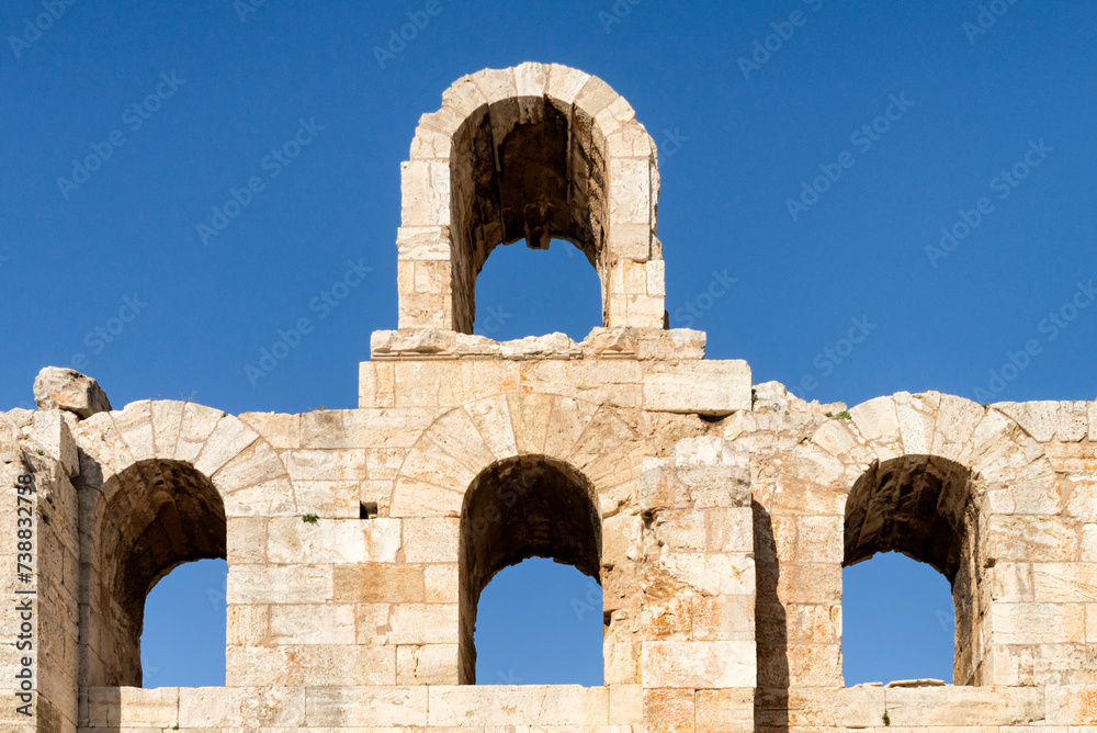 Detail of the facade of Odeon of Herodes Atticus (Herodes Theatre) in Athens, Greece