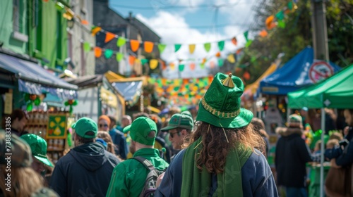 a community gathering at a local St. Patrick s Day festival  with stalls selling Irish foods  crafts  and green attire. 