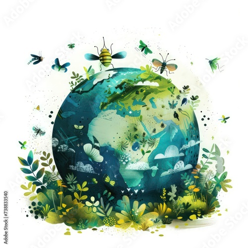  earth with plants and trees, in the background, in the style of light green and dark blue, white background
