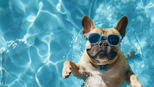 Bulldog with sunglasses on swimming pool. Pet in summer vacation concept