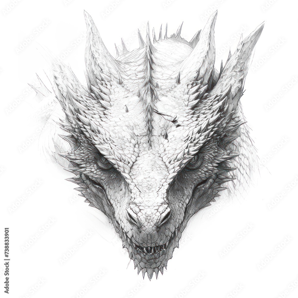Obraz premium Hand pencil sketch drawing of dragon head over white background.