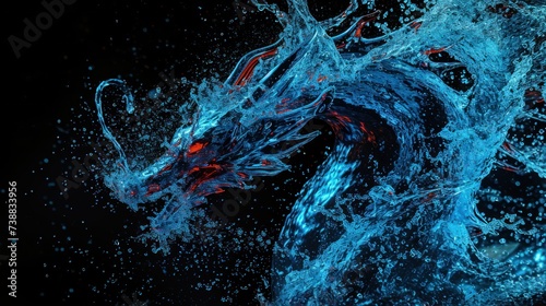 A Chinese dragon made from water splash over black background.