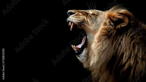 Close-up of male lion on black background. 