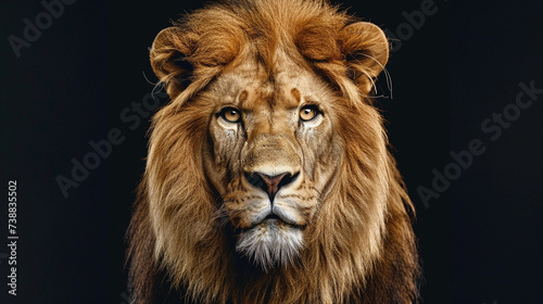 Close-up of male lion on black background. 