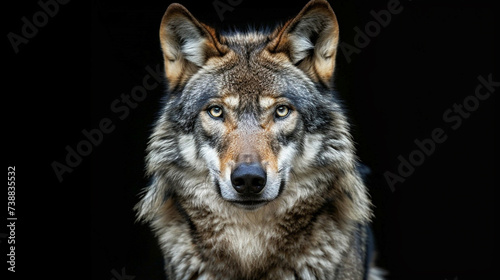 Portrait of adult wolf on black background