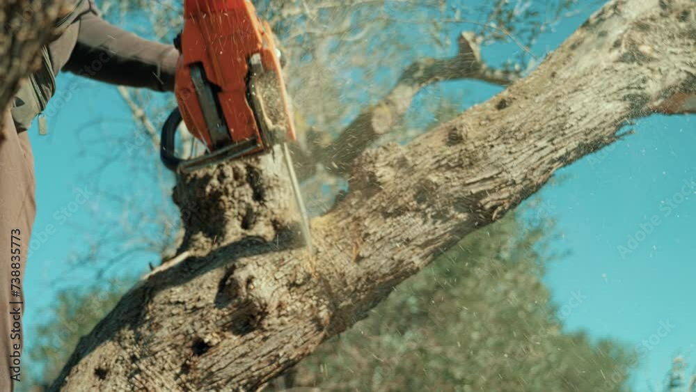 Chainsaw cutting wood. Man carving wood with a elettric saw. Close up