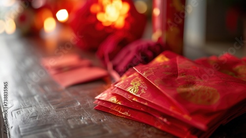 Close-up view of red envelope, or red pack, Hongbao, on table during Chinese lunar new year celebration.