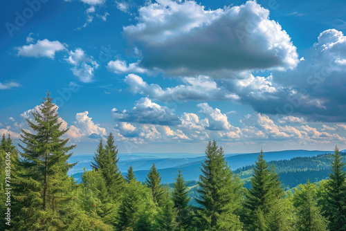 View of mountain forest tree   dramatic heavy blue sky.