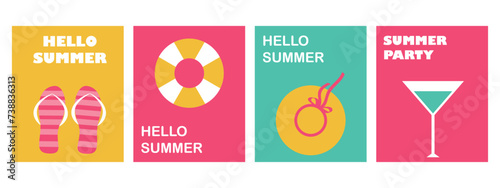 Summer, vector summer cards set, beach slippers, swimming circle, beach hat, cocktail, abstract vector background patterns