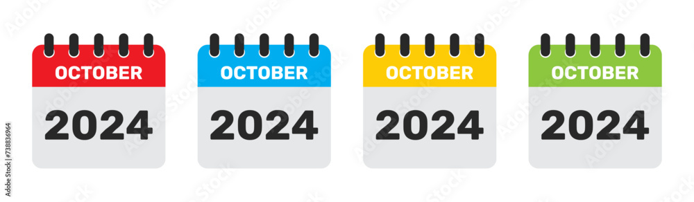 October 2024 calendar in four different colors. 2024 october calendar icon set in red, blue, yellow and green color. October month flat calender icon set isolated on white background. 