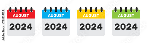 August 2024 calendar in four different colors. 2024 august calendar icon set in red, blue, yellow and green color. August month flat calender icon set isolated on white background. 