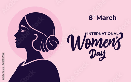 International Women's Day greetings on pink background with women's silhouette. Illustration for attractive beautiful holiday design. Colorful applique to 8 March