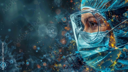 An anti-coronavirus protective mask is worn by a doctor in a banner panorama as part of the medical staff's preventive equipment. photo
