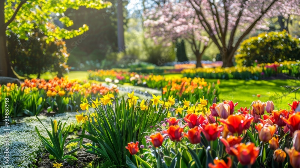 the vibrant transformation of a garden on the first day of spring, focusing on a variety of blooming flowers such as tulips, daffodils, and cherry blossoms. 