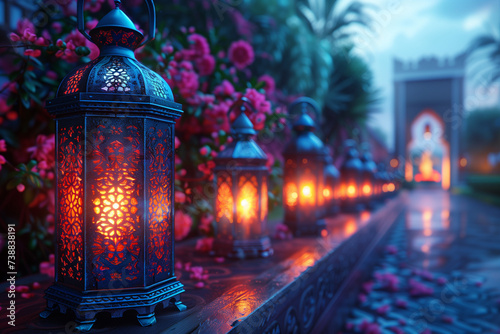 Ramadan Lantern decoration, Elegant 3D rendering capturing the essence of Ramadan with a beautifully decorated lantern background