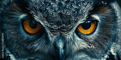 The piercing eyes of an owl in a close-up, watching the night, representing wisdom , concept of Majestic gaze