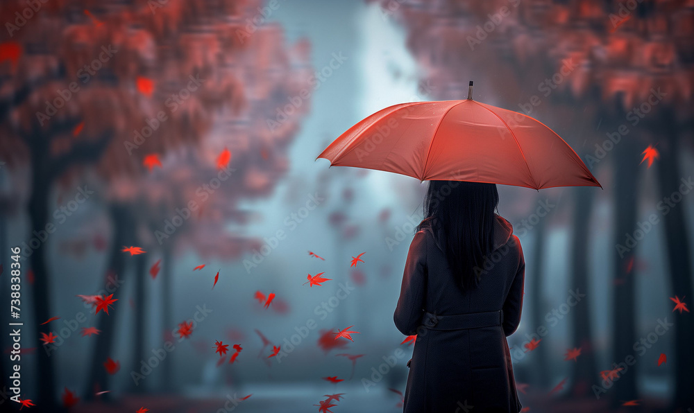person holding red umbrella is standing in the park in autumn with red trees.