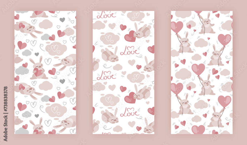 Cute bunnies, many heart icons vector seamless patterns set. In love rabbits. Funny romantic print. Valentine's day celebration theme. Simple cartoon picture for kids fabric design, advertising layout Cute bunnies, many heart icons vector seamless patterns set. In love rabbits. Funny romantic print. Valentine's day celebration theme. Simple cartoon picture for kids fabric design, advertising layout