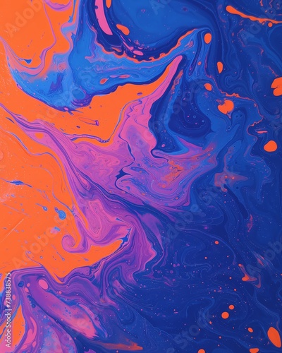 Vibrant Orange and Blue Abstract Acrylic Pour Painting, Fluid Art Background with Swirling Patterns
