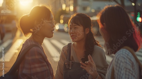 a group of women talking on a street