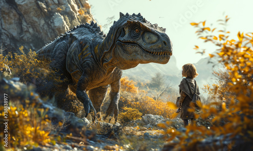 The boy and the dinosaur in the field the boyre meets dinosaur © Vadim