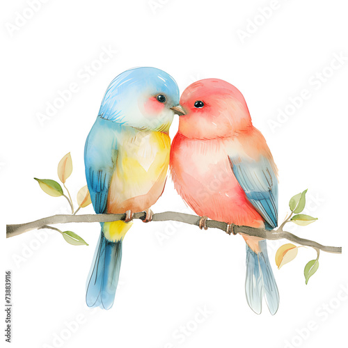 Delicate watercolor portrayal capturing the affectionate bond between a pair of birds nestled on a charming branch.