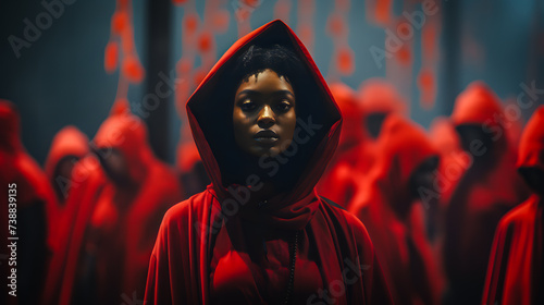 Femme noire portant une cape rouge