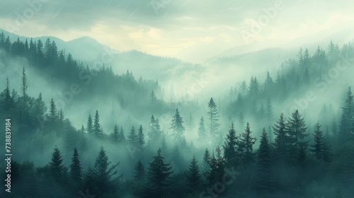 Misty landscape of fir forest in Canada