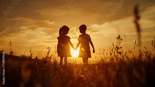 Silhouette of little boy and girls holding hands on sunset background