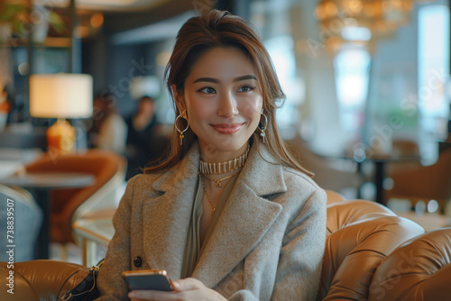 Asian woman sitting and using cell phone in the airport executive lounge