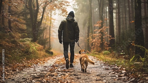 Man walking with his dog on a forest path. Friendship between human and dog photo