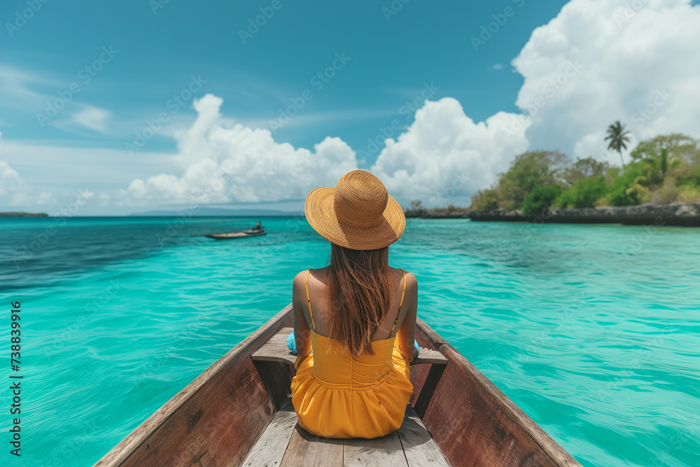 A blonde woman wearing a hat sits on a boat in the seaside, looking at the clear sea view and relaxing. - obrazy, fototapety, plakaty 