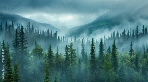 Misty landscape of fir forest in Canada © toomi123