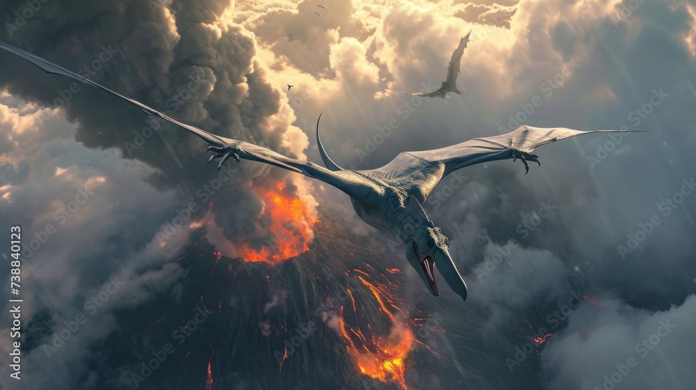 Fototapeta premium Flying dinosaur, Pterodactyl, flying over an erupting volcano with fire flame smoke in prehistoric environment. Photorealistic.